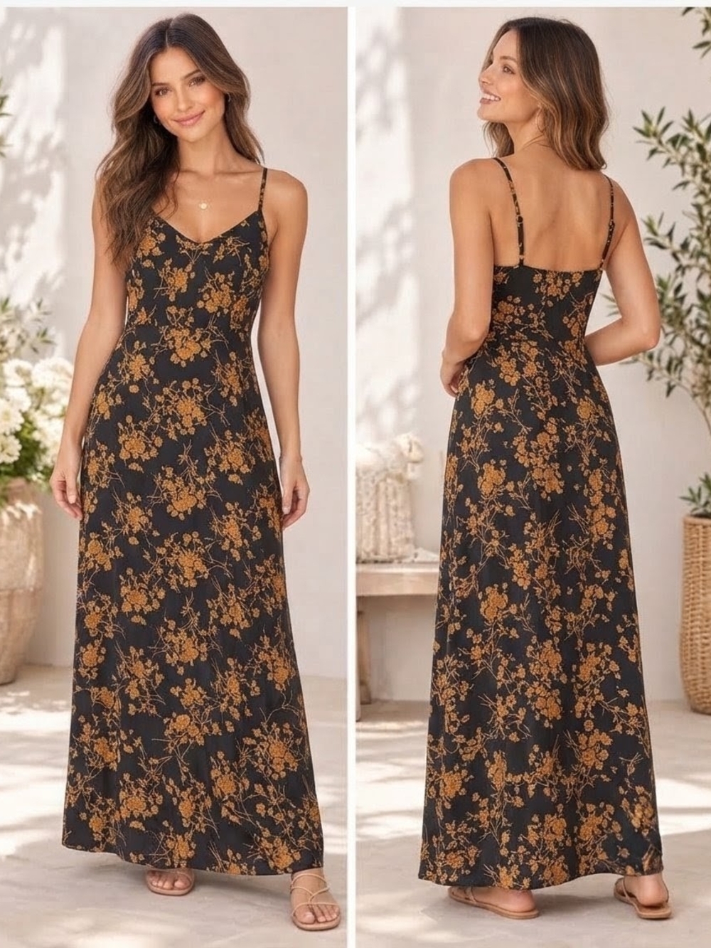 Black Gold Floral Maxi Dress Slip Sundress Adjustable Straps Flowy Long XL